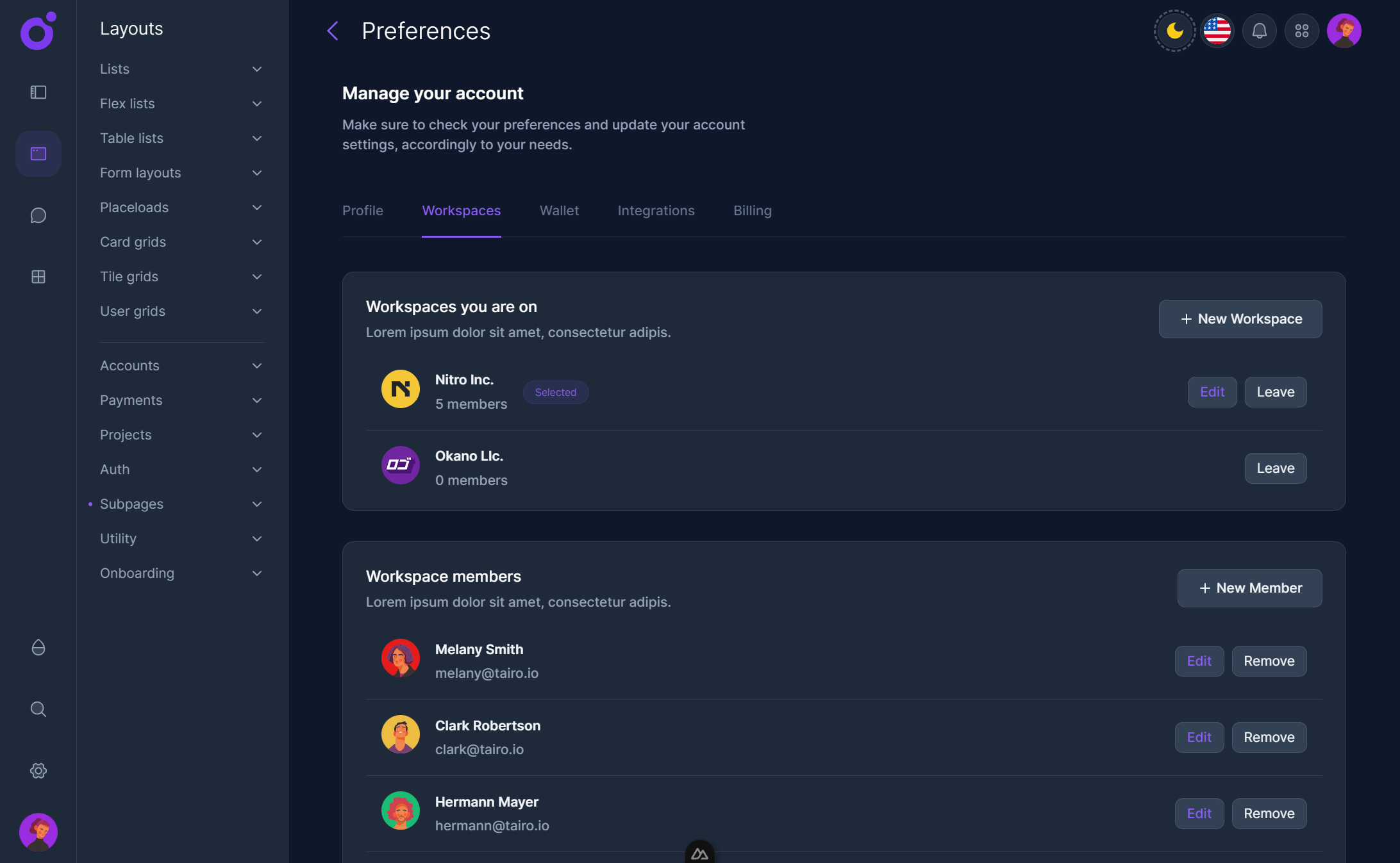Tairo - Preferences - Workspaces